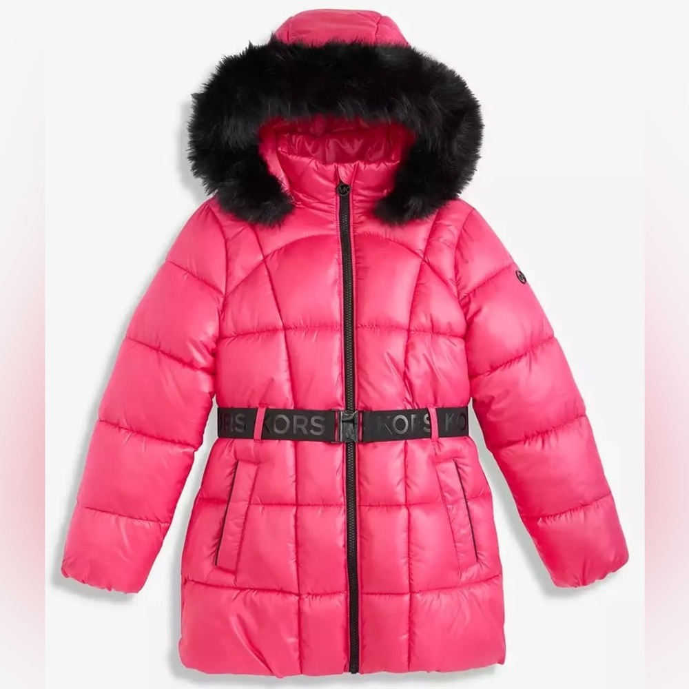 Michael Kors Bright Coral Stadium Puffer Coat w/ Black Faux Fur Hood